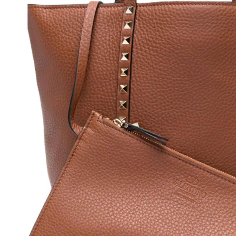 Valentino Rockstud Leather Tote Bag, Shopping Bag, Handbag Women's Brown-4