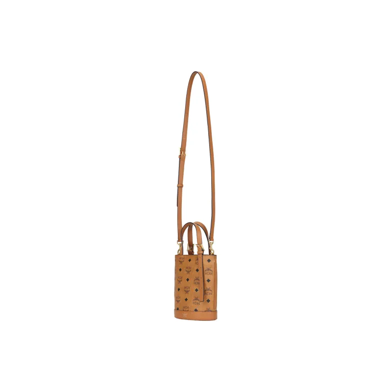 MCM Artificial Leather, Cow Leather Tote Bucket Bag, One Shoulder Handbag Mini Unisex Cognac Brown-1