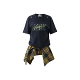 Navy Blue+Yellow Plaid Skirt