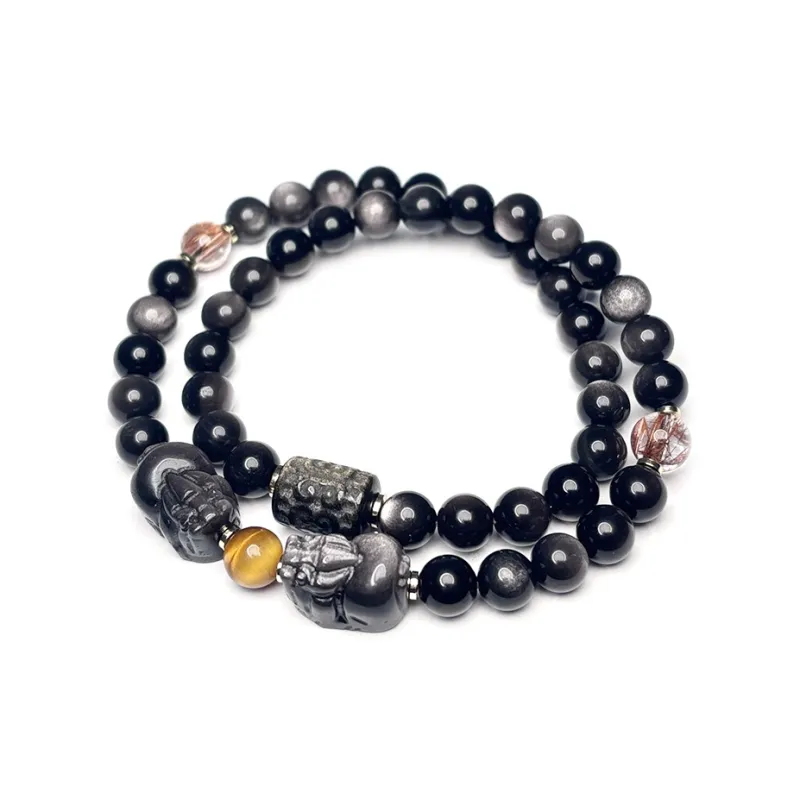 MOUNTAINS AND MANS Natural Obsidian New Chinese Style Stackable Good Luck Beaded Bracelet Unisex-3