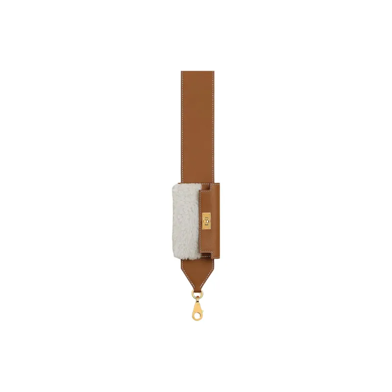 HERMES Kelly Pocket Swift Calfskin With Shearling Bag Strap Women's Gold & Beige-3