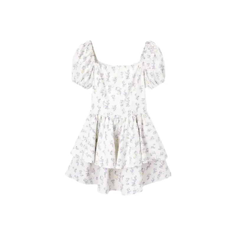 ABBY GODDESS Short Sleeved Dress Women's White Base With Purple Floral-1
