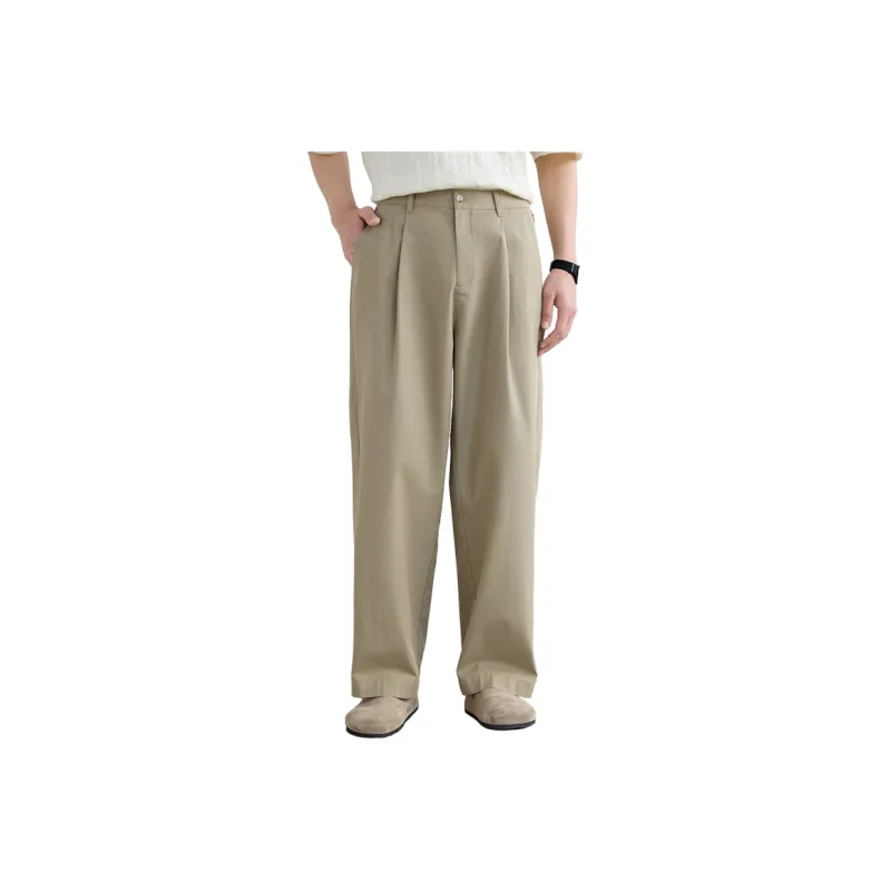 A.B.X Semi Elastic Waistband Single Pleat Slant Slip Pocket Invisible Zipper Pocket Straight Fit Casual Pants Men's-0