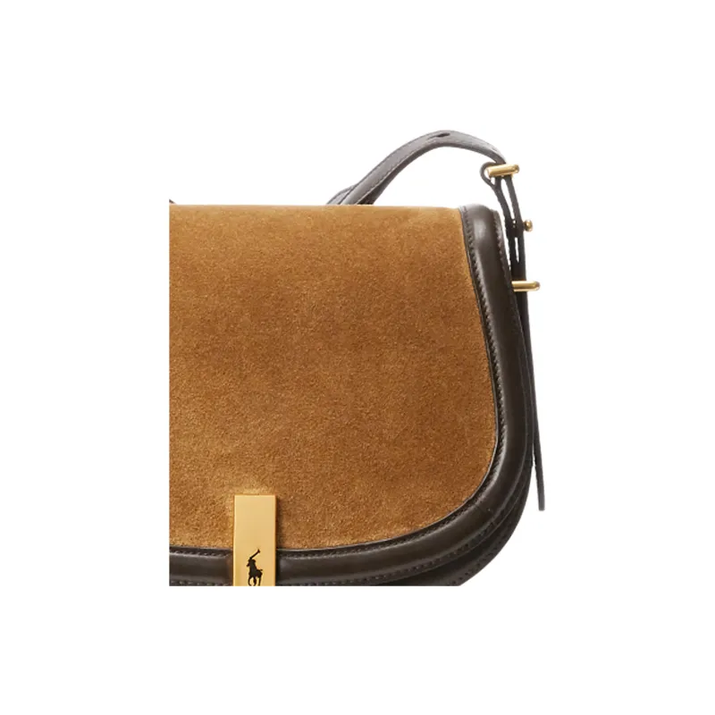 Polo Ralph Lauren Nubuck Cow Leather Patchwork Trim Saddle Bag Crossbody Shoulder Bag Women's Brown-4