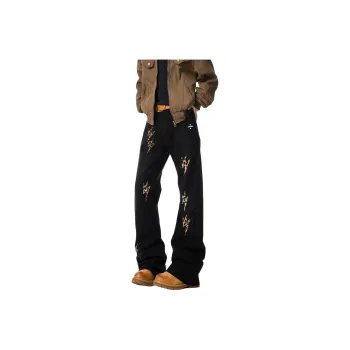 BLANC & ECLARE Brand Logo Print Relaxed Cool Mid Rise Jeans Unisex Black Leopard Print
