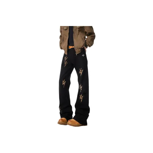 BLANC & ECLARE Brand Logo Print Relaxed Cool Mid Rise Jeans Unisex Black Leopard Print