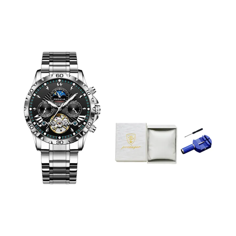 POEDAGAR Automatic Mechanical Movement Stainless Steel Watchband Watch Men's Watches Black Dial-0