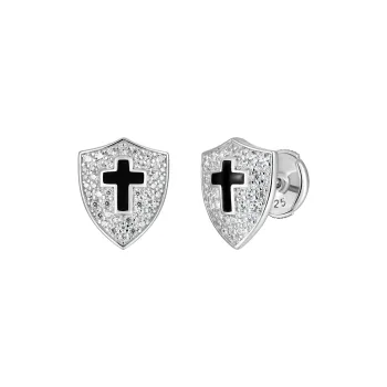 APORRO 925 Sterling Silver With Black Enamel Shield Stud Earrings Unisex