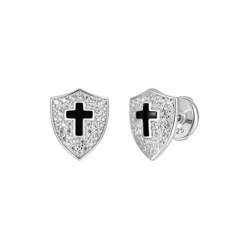 APORRO 925 Sterling Silver With Black Enamel Shield Stud Earrings Unisex
