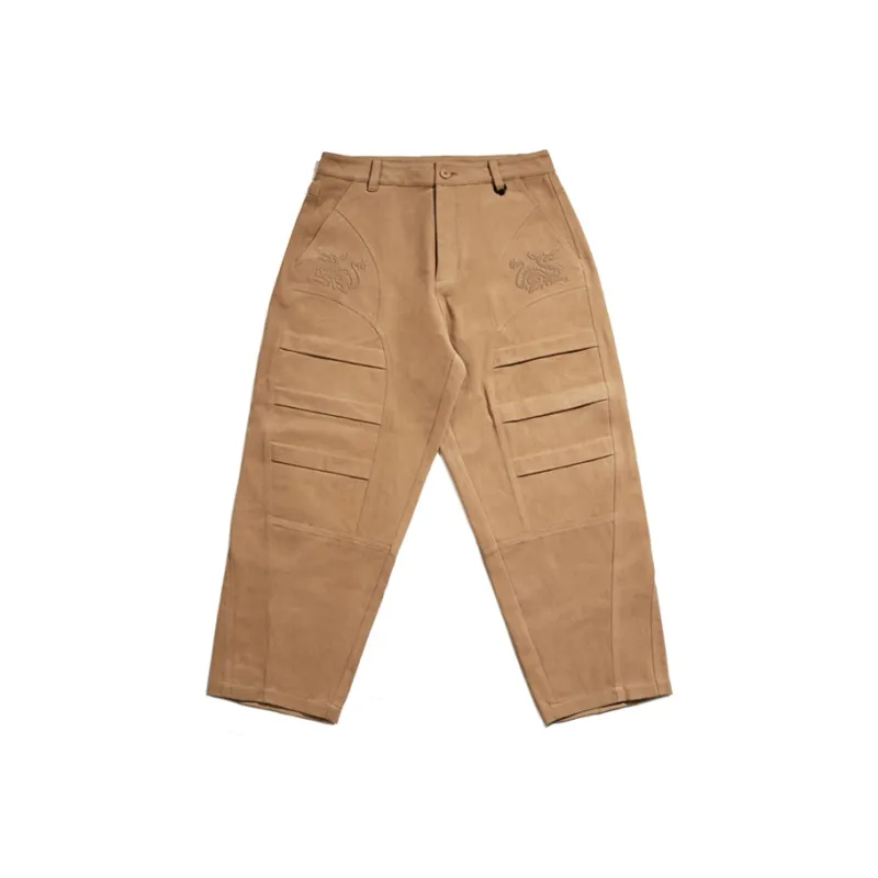 WOOKONG Autumn And Winter Season Cargo Pants Unisex Brown Yellow Double Dragon Embroidery Loose Fit-0