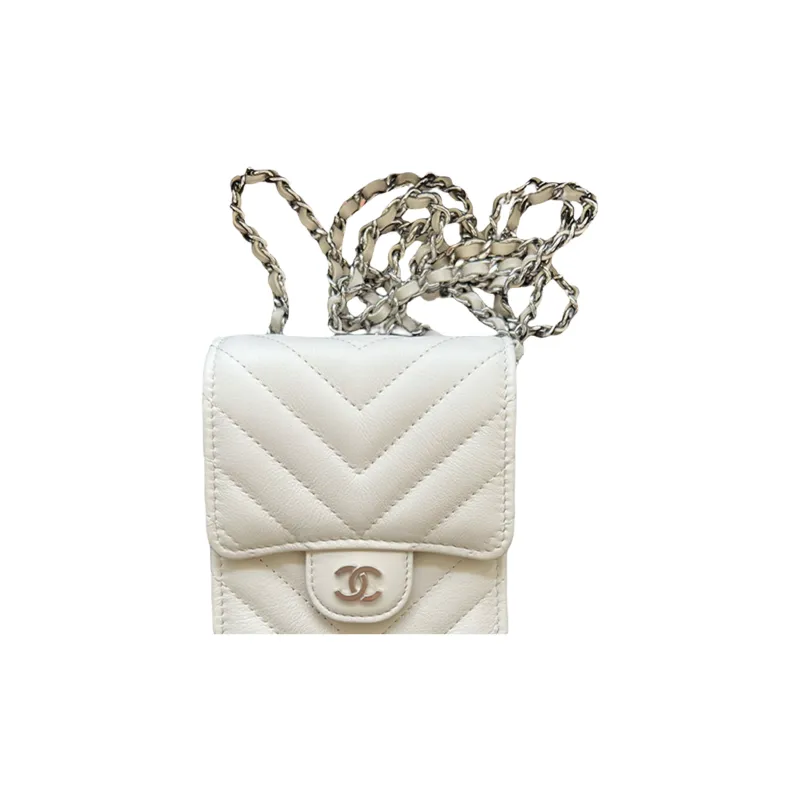 CHANEL Cow Leather One Shoulder Crossbody Cell Phone Pouch Women's White-1