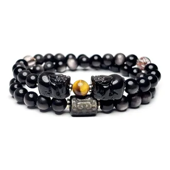 MOUNTAINS AND MANS Natural Obsidian New Chinese Style Stackable Good Luck Beaded Bracelet Unisex