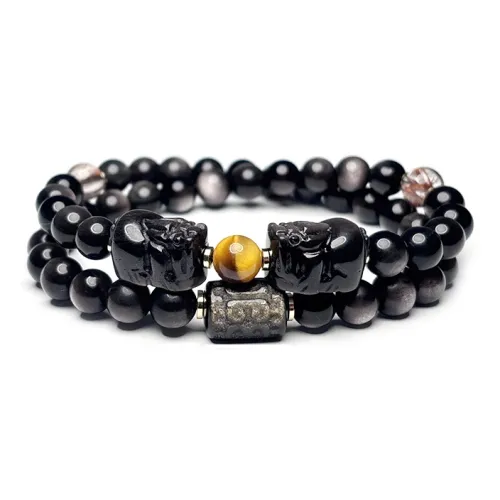 MOUNTAINS AND MANS Natural Obsidian New Chinese Style Stackable Good Luck Beaded Bracelet Unisex