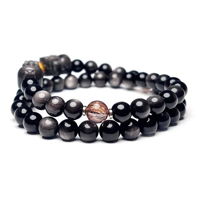 MOUNTAINS AND MANS Natural Obsidian New Chinese Style Stackable Good Luck Beaded Bracelet Unisex-1