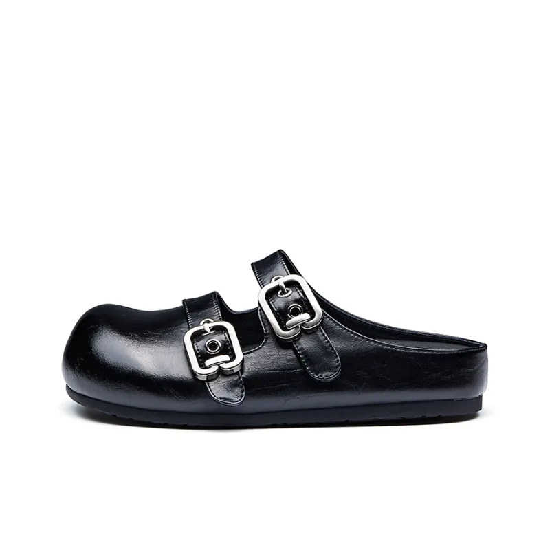 BURGELY Rubber Sole Leather Patchwork Quiet Closed Toe Slippers Women's-0
