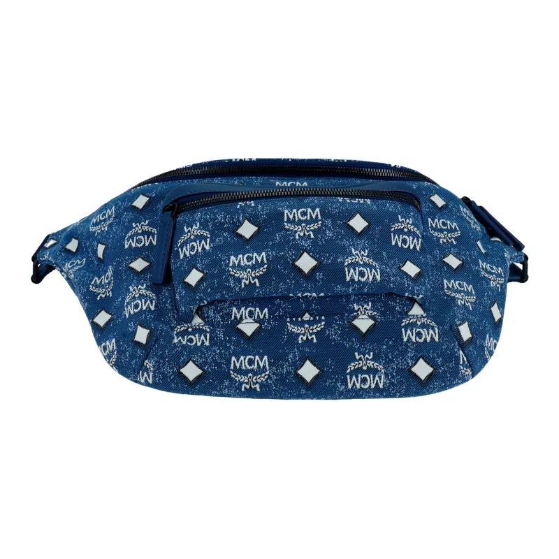 MCM Fursten Visetos Denim Jacquard Nappa Leather Trim Shoulder Bag, Crossbody Bag, Fanny Pack Regular Women's Blue-3