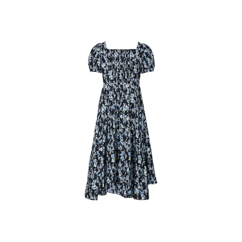 Hopeshow Short Sleeved Dress Women's Navy Blue Flower 614-1