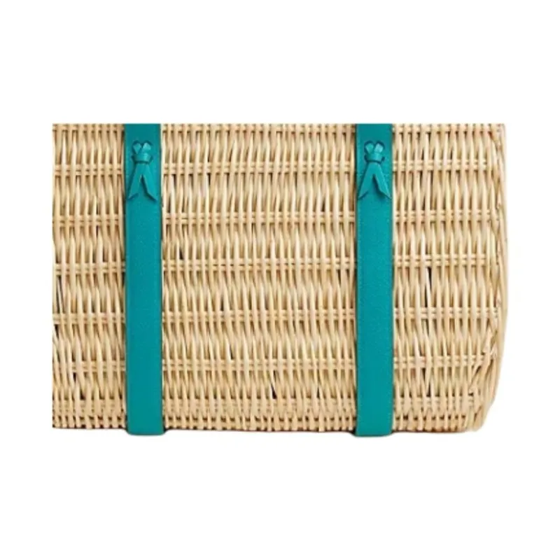 HERMES Panier En Osier Wicker With Crocodile Embossed Calfskin Handbag, Shoulder Bag Small Size Women's Peacock Blue-1