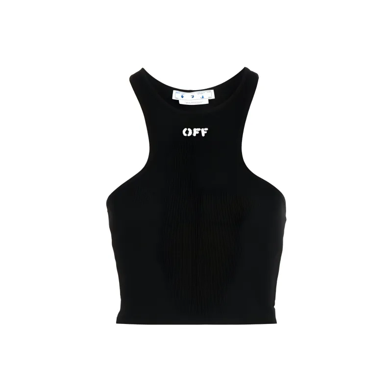 OFF WHITE Logo Print Ribbed Knit Racerback Top Black-0