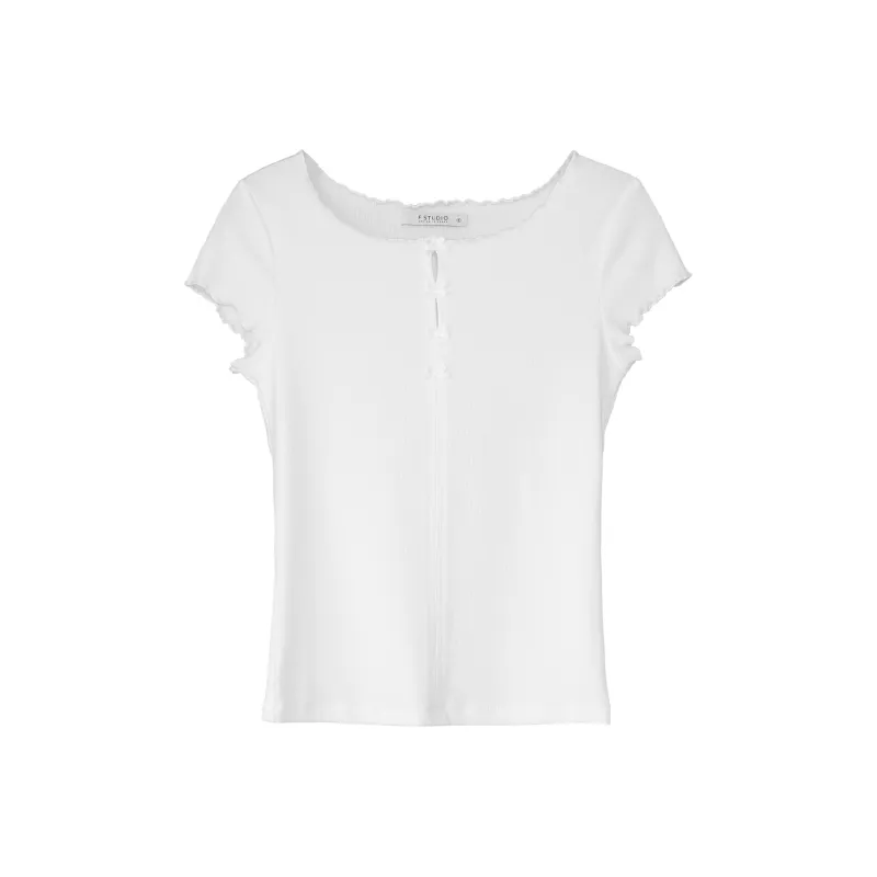 Fstudio Summer Atmosphere Design Solid Color Slimming Short Sleeved T Shirts Women's-1
