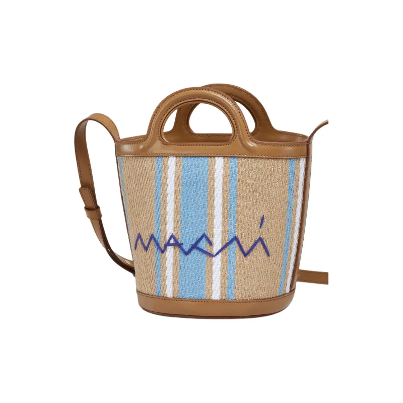 MARNI TROPICALIA Jute With Linen Bucket Bag, One Shoulder Handbag Small Size Women's Brown & Multicolor-1