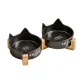 Miao Ear Black Ceramic Double Bowl with Wooden Stand