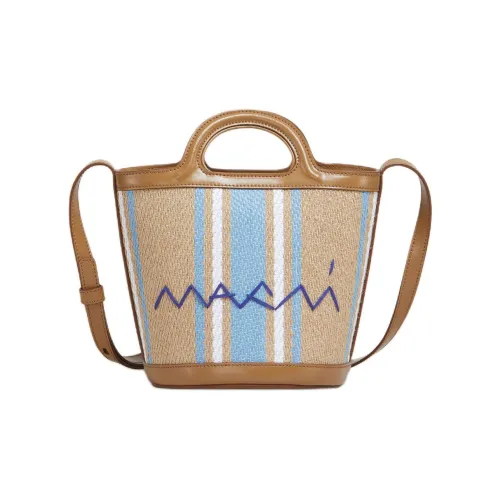 MARNI TROPICALIA Jute With Linen Bucket Bag, One Shoulder Handbag Small Size Women's Brown & Multicolor