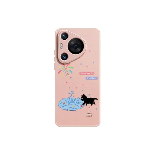 Lingtao Leather Material Kitten In The Pool Phone Cases Compatibility Huawei Pura 70 Pro+/P60/P50/P40 Girlish Artistic