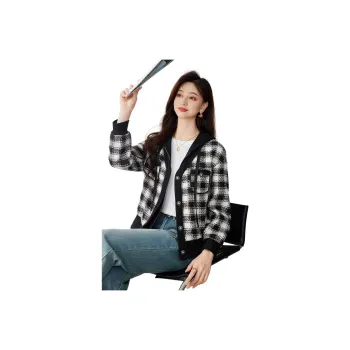 Like The Age Of Water Velvet feel Coat Women's Black White Plaid