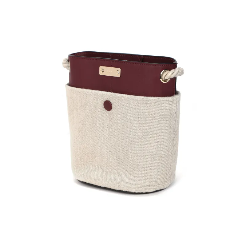Chloe Key Linen Bucket Bag, One Shoulder Handbag, Crossbody Bag Small Size Women's Burgundy-1