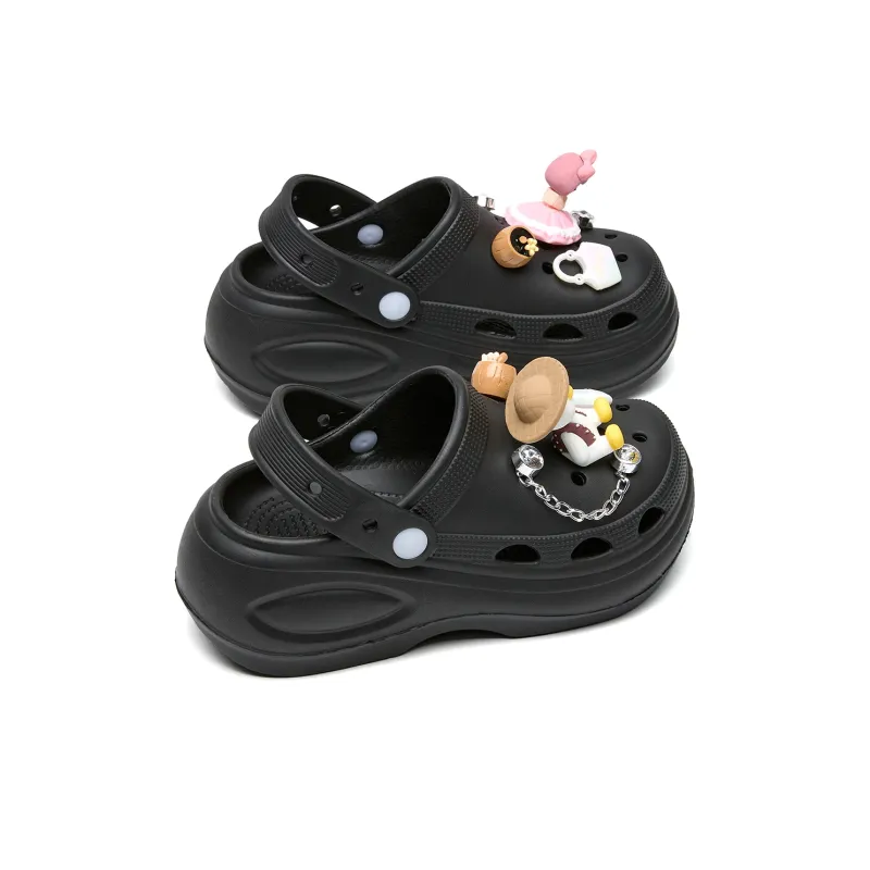 La Chapelle Ink Dyed Dark Blue Trendy Cream Puff Shoes, Casual Fashion Elegance Niche Clogs Women's Black-2