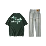 Clothing Set (Dark Green Short-Sleeved Shirt+Jeans)