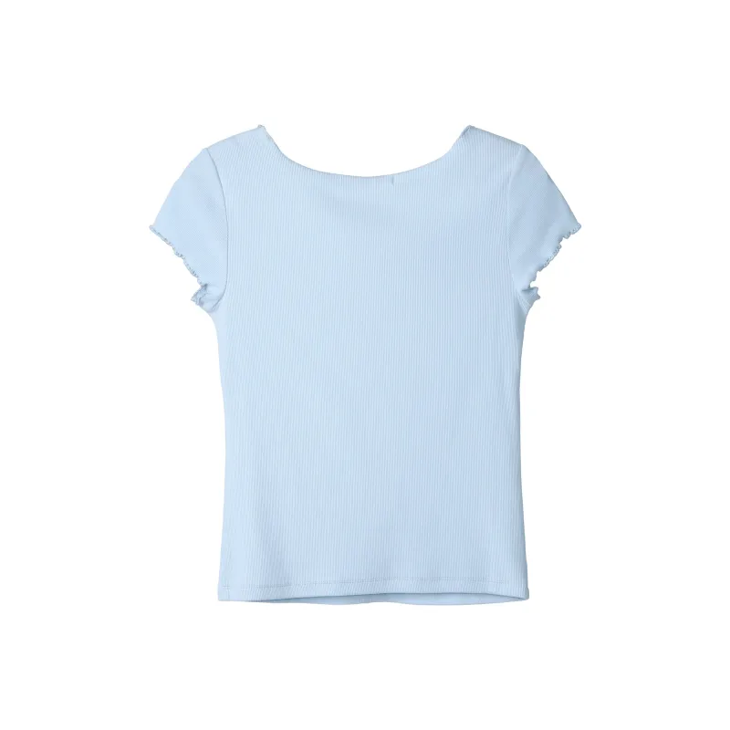 Fstudio Summer Atmosphere Design Solid Color Slimming Short Sleeved T Shirts Women's-5