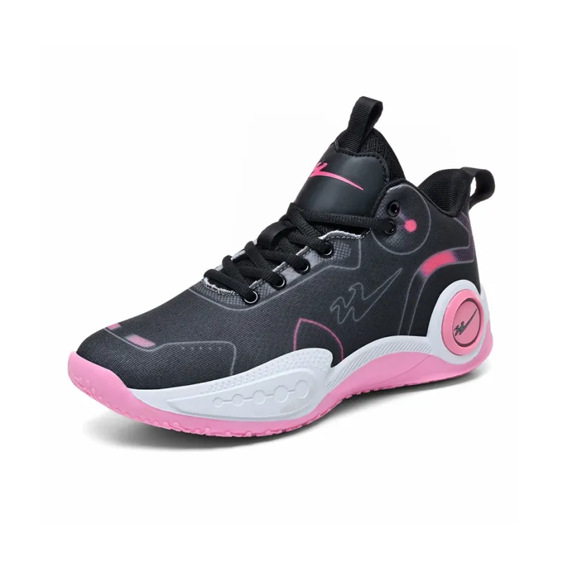 Binary Cushioning Abrasion Resistant Breathable Slip Resistant Mid Top Basketball Shoes Unisex Black Pink-1