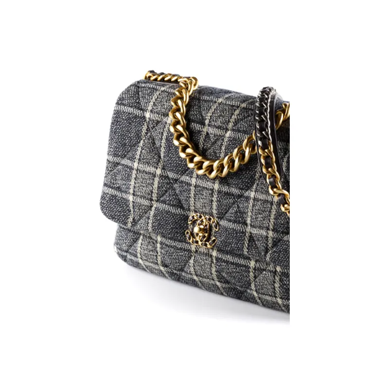 CHANEL 19Bag Twill Woolen Crossbody Bag, Shoulder Bag Women's Dark Gray Multicolor-4