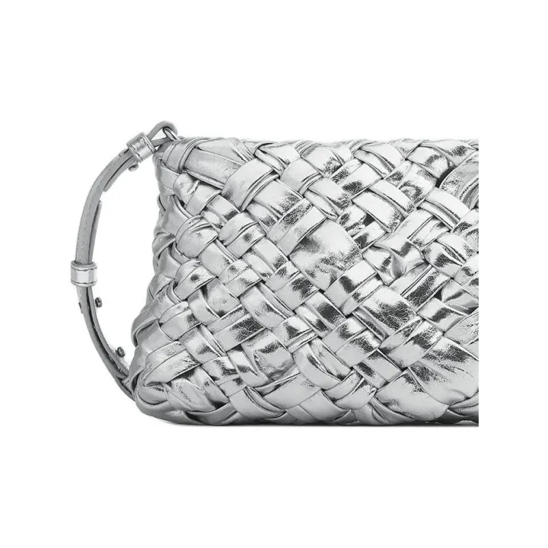 Bottega Veneta Sheepskin One Shoulder Crossbody Clutches Women's Silver-3