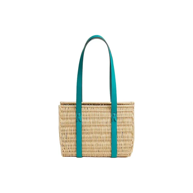 HERMES Panier En Osier Wicker With Crocodile Embossed Calfskin Handbag, Shoulder Bag Small Size Women's Peacock Blue-0