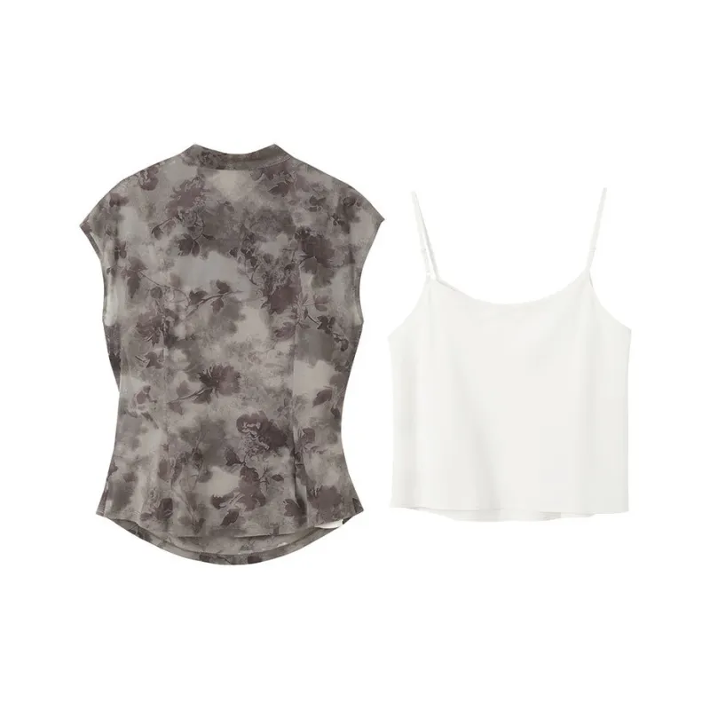 3COLOUR Chiffon Shirt Women's Clothing Sets Gray Purple Floral Shirt+Camisole-1