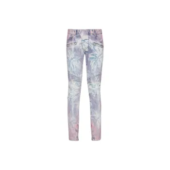 BALMAIN Palm Tree Printed Denim Biker Jeans
