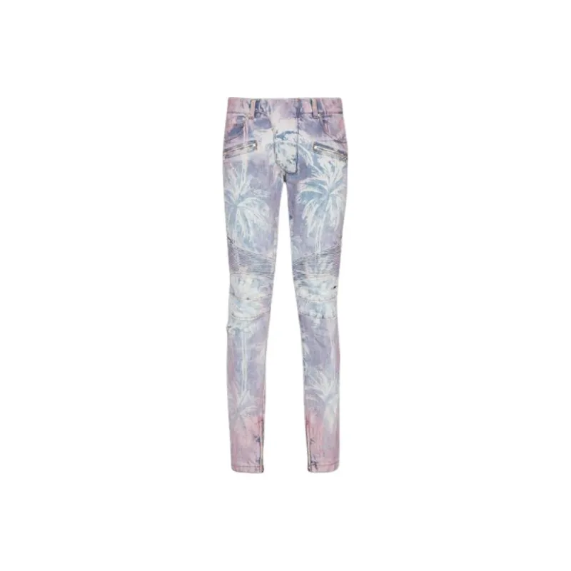 BALMAIN Palm Tree Printed Denim Biker Jeans-0