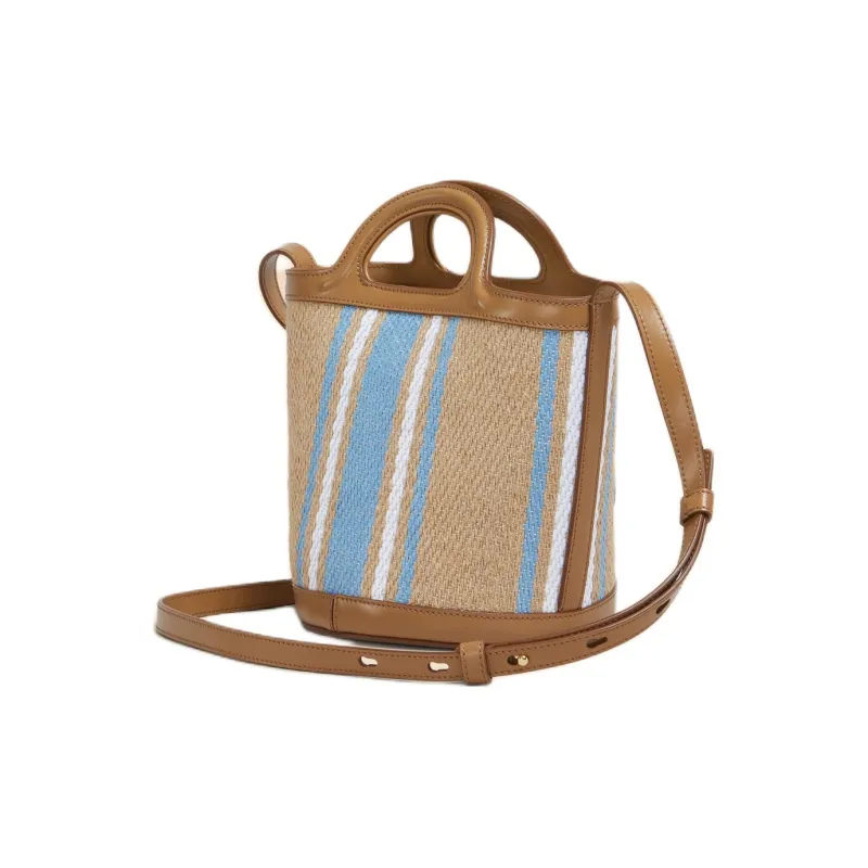MARNI TROPICALIA Jute With Linen Bucket Bag, One Shoulder Handbag Small Size Women's Brown & Multicolor-3