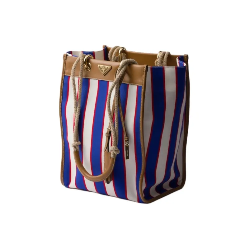 PRADA Cotton Handbag Large Size Women's Royal Blue With Caramel Accent-1
