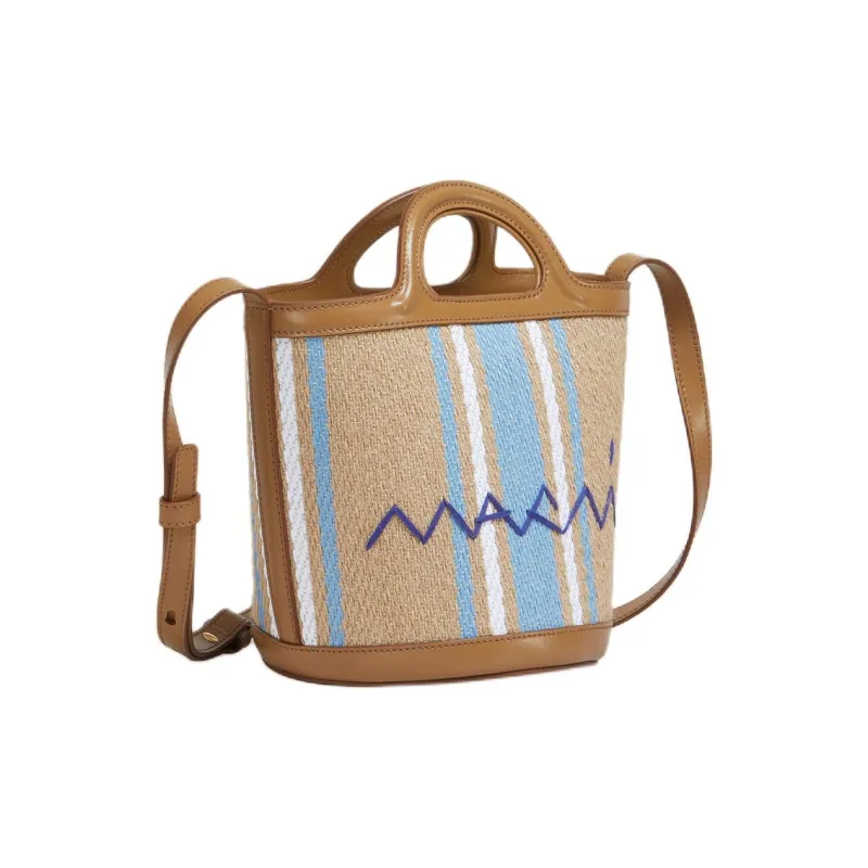MARNI TROPICALIA Jute With Linen Bucket Bag, One Shoulder Handbag Small Size Women's Brown & Multicolor-2