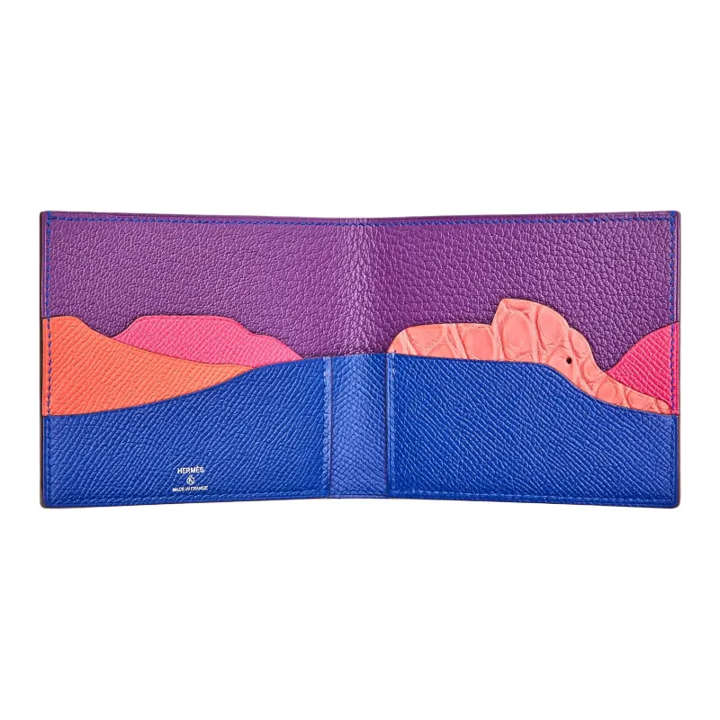 HERMES HISTOIRE NATURELLE Calfskin With Mysore Goat Skin And Crocodile Leather Wallet Unisex Blue-1