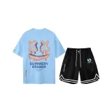 Blue Short-Sleeved Shirt+Black Shorts
