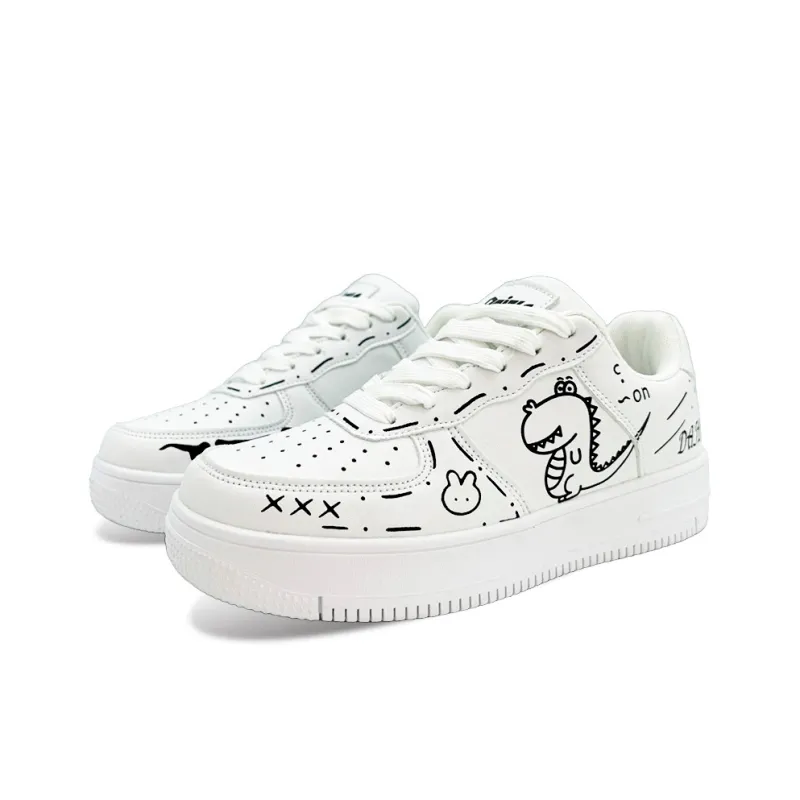 ITGI Height Increasing Abrasion Resistant Low Top Skateboard Shoes Unisex Black And White Dinosaurs-3