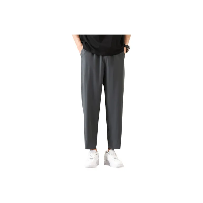 JEANSWEST Ankle Length Thin Solid Color Stretch Straight Fit Pants Ice Silk Summer Men's Black-1