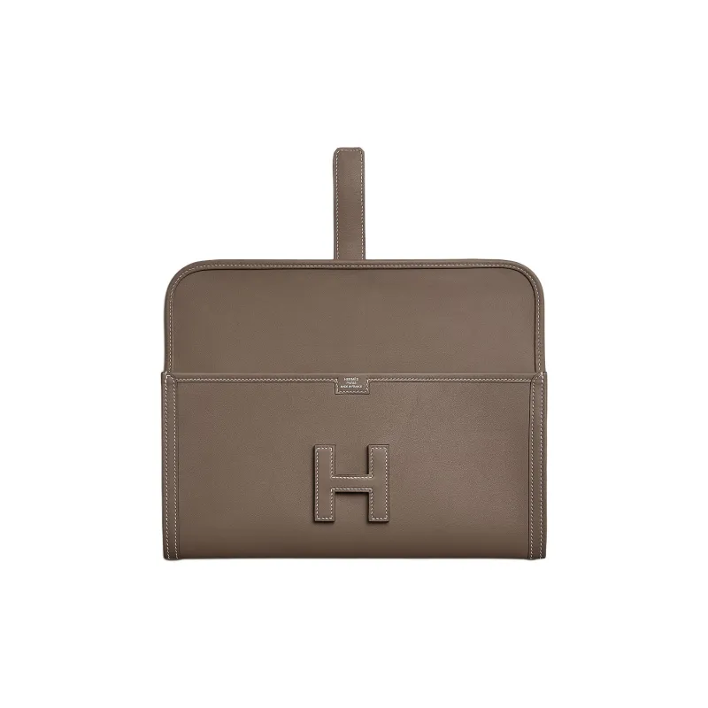 HERMES Jige Elan Swift Leather Clutch Women's 18 Etoupe Elephant Gray-1