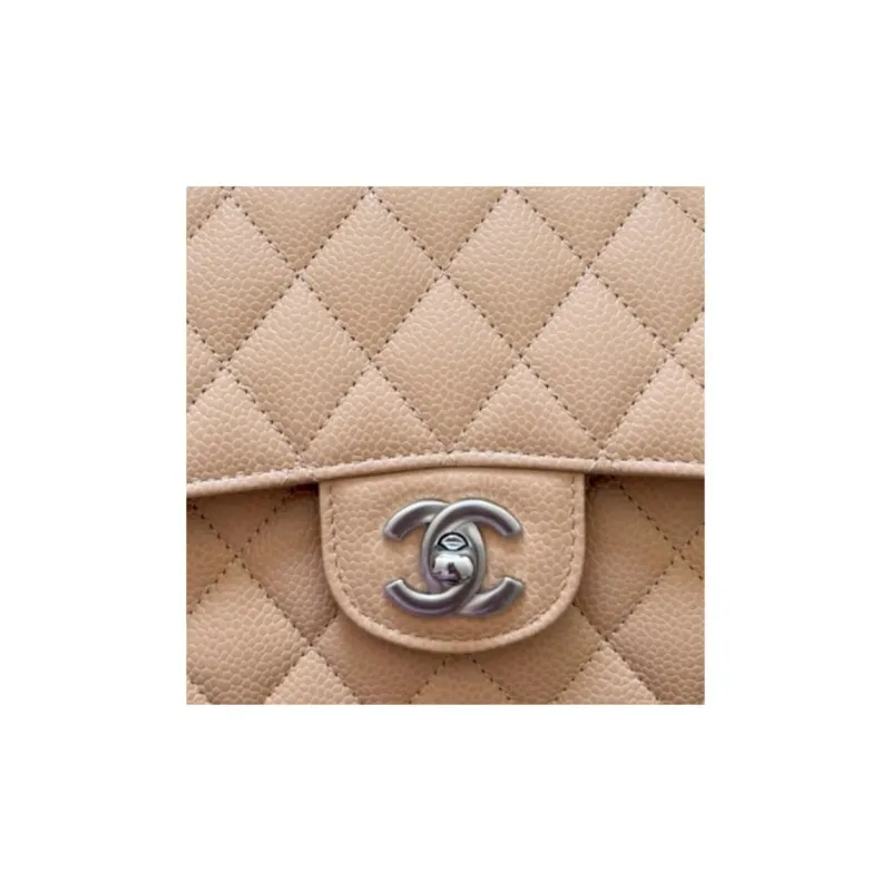 CHANEL Classic Flap CF Grain Embossed Cow Leather Flap Bag, Crossbody Bag, Shoulder Bag Medium Size Women's Milk Tea-1
