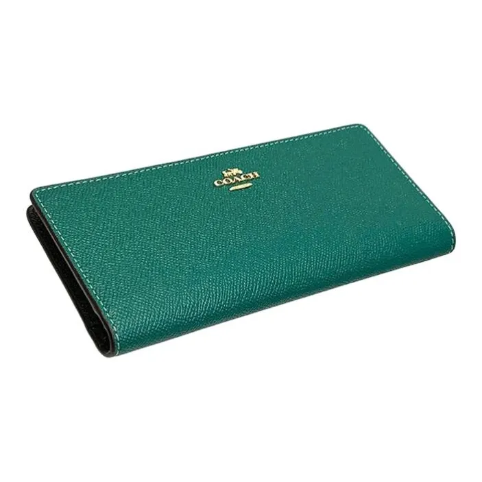COACH Slim Wallet Cross Grain Leather Card Holder, Wallet Women's Green-2